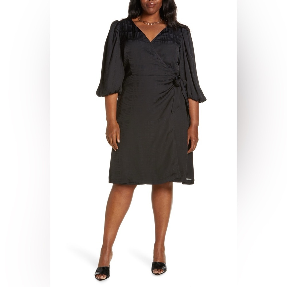 Halogen Black Mono Plaid 3/4 Sleeve Wrap Dress Size XXL